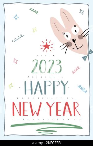 New Year Greeting Card. Cute funny bunny looks out of the corner. 2023 is the year of the Rabbit in the Chinese calendar. Lettering Christmas tree. Stock Vector