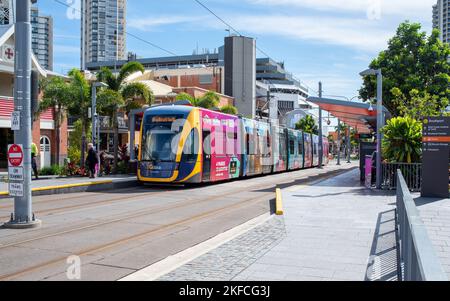 GOLD COAST, QUEENSLAND, AUSTRALIA - OCTOBER 24th, 2022. G:Link Gold Coast Light Rail. Tram stops at Southport one of 19 stations on a 20km route. Stock Photo