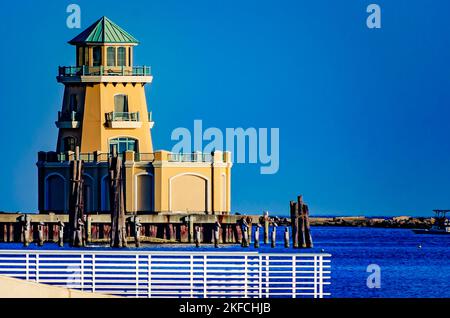 The Beau Rivage Marina is pictured, Nov. 13, 2022, in Biloxi, Mississippi.  The marina and faux lighthouse is part of the Beau Rivage Resort. Stock Photo