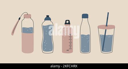 Set of reusable water bottles. Vector isolated illustration for design Stock Vector
