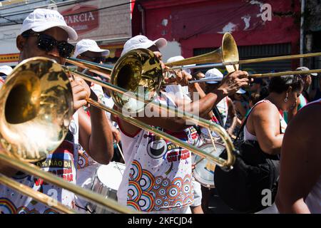 Salvador, Bahia, Brazil - February 08, 2016: People are playing percussion musical instruments during the neighborhood Carnival in the city of Salvado Stock Photo