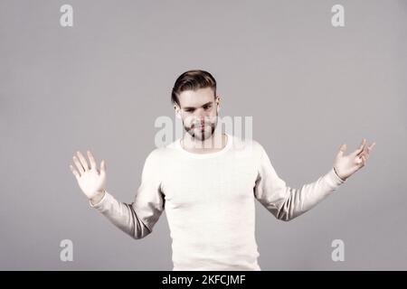 I am fed up. Just leave me alone. Man tired hopeless handsome unshaven stylish macho, grey background. Man fed up with life problems. Guy unlucky Stock Photo