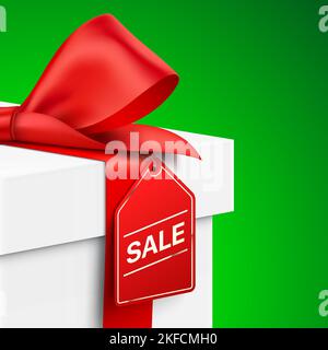 White gift box wrapped with red satin ribbon, and hanging tag with SALE text on a green background. Discount promo banner realistic vector design. Stock Vector