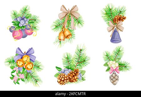 Set of watercolor New Year and Christmas compositions. Scandinavian decor. Christmas tree branches with decoration. Ready-made illustrations for postc Stock Photo