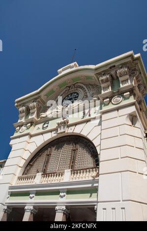 Africa, Mozambique, Maputo. Central Train Station, designed by famous French architect, Gustave Eiffel, in 1910. Architectural detail of station facad Stock Photo