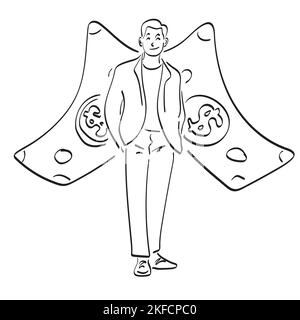 line art businessman with big banknote as wings illustration vector hand drawn isolated on white background Stock Vector