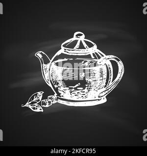 Hand Drawn Chalk Sketch on Blackboard of Teapot. Vintage Sketch. Great for Banner, Label, Poster Stock Vector
