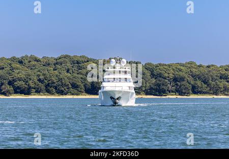 Motor yacht, Spirit under way off shelter island, NY Stock Photo