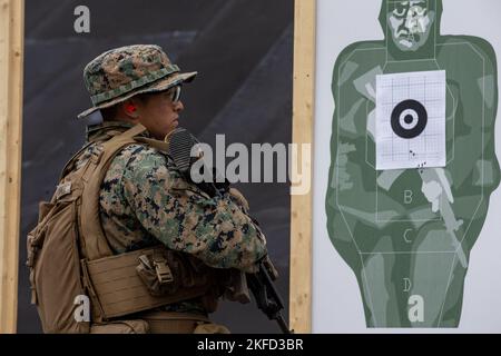 U.S. Marine Corps Pfc. Robert O’Donnell, a rifleman with 1st Battalion, 8th Marine Regiment, 2d Marine Division, observes his shot grouping after adjusting the sights on his M27 Infantry Automatic Rifle while participating in combat marksmanship training, during exercise Archipelago Endeavor 22 at Berga Naval Base, Sweden, Sept. 8, 2022. AE22 is an integrated field training exercise that increases operational capability and enhances strategic cooperation between the U.S. Marines and Swedish forces. Stock Photo