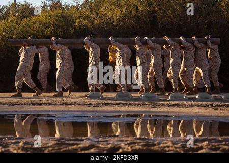 San Diego, California, USA. 14th Nov, 2022. U.S. Marine Corps recruits with Fox Company, 2nd Recruit Training Battalion, carry a log during log drills at Marine Corps Recruit Depot San Diego, November. 14, 2022. The log drill exercise was used to develop a team building mentality and help form unit cohesion amongst recruits. Credit: U.S. Marines/ZUMA Press Wire Service/ZUMAPRESS.com/Alamy Live News Stock Photo