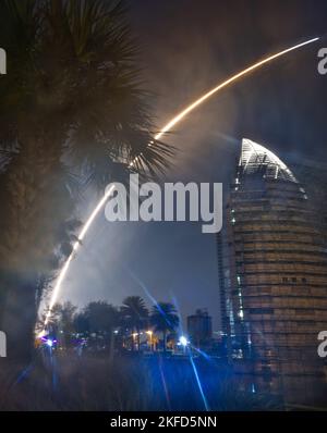 Kennedy Space Center, United States. 16th Nov, 2022. A timed exposure captures NASA's Space Launch System (SLS) rocket carrying an Orion spacecraft as it launches over the Exploration Tower in Port Canaveral at 1:47 AM on the maiden flight of NASA's Artemis Program from Complex 39B at the Kennedy Space Center, Florida on Wednesday, November 16, 2022. Photo by Roger Scruggs/UPI Credit: UPI/Alamy Live News Stock Photo