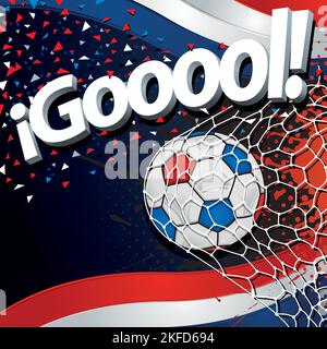 Word GOOOOL in white 3D font next to a soccer ball scoring a goal against a background of Netherlands flags and red, white, and blue confetti. Vector Stock Vector