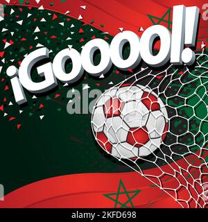 Word GOOOOL in white 3D font next to a soccer ball scoring a goal against a background of Moroccan flags and red, green and white confetti. Vector Stock Vector