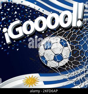 Word GOOOOL in white 3D font next to a soccer ball scoring a goal against a background of Uruguayan flags and white and blue confetti. Vector image Stock Vector