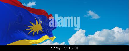 flag of Daco-Romance peoples Serbian Vlachs at cloudy sky background, panoramic view. flag representing ethnic group or culture, regional authorities. Stock Photo