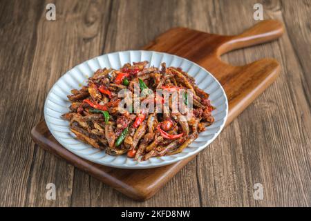 Anchovies and Beans Balado, Processed Salted Fish - Teri Kacang Balado Olahan Ikan Asin Stock Photo