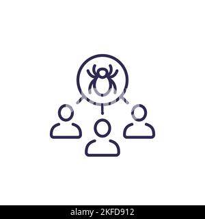 Debugging, testing line icon with a bug and users Stock Vector