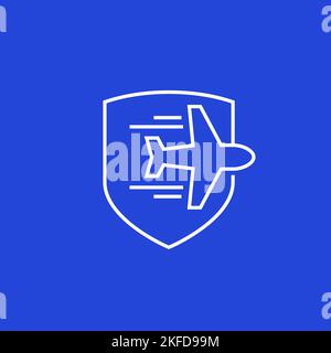 Travel insurance line icon with shield and plane Stock Vector