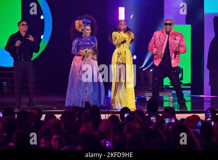 Las Vegas, United States. 17th Nov, 2022. (L-R) Randy Malcom Martínez of Gente de Zona, Aymée Nuviola, Goyo, and Alexander Delgado Hernández of Gente de Zona Perform onstage during the 23rd annual Latin Grammy Awards at the Michelob Ultra Arena at Mandalay Bay Resort and Casino in Las Vegas, Nevada on Thursday, November 17, 2022. Photo by Jim Ruymen/UPI Credit: UPI/Alamy Live News Stock Photo