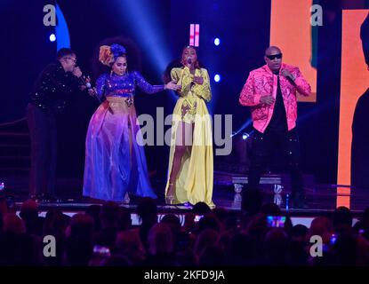 Las Vegas, United States. 17th Nov, 2022. (L-R) Randy Malcom Martínez of Gente de Zona, Aymée Nuviola, Goyo, and Alexander Delgado Hernández of Gente de Zona Perform onstage during the 23rd annual Latin Grammy Awards at the Michelob Ultra Arena at Mandalay Bay Resort and Casino in Las Vegas, Nevada on Thursday, November 17, 2022. Photo by Jim Ruymen/UPI Credit: UPI/Alamy Live News Stock Photo