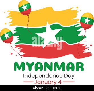 Celebrating Myanmar Independence Day on January 4th with Flags in Flat Cartoon Background Hand Drawn Templates Illustration Stock Vector