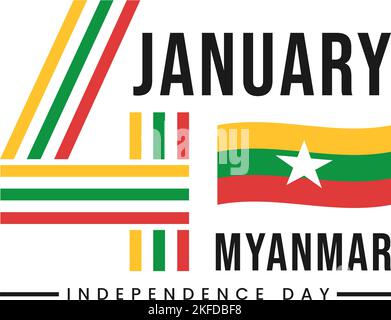 Celebrating Myanmar Independence Day on January 4th with Flags in Flat Cartoon Background Hand Drawn Templates Illustration Stock Vector