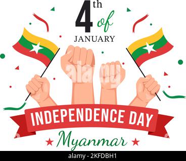 Celebrating Myanmar Independence Day on January 4th with Flags in Flat Cartoon Background Hand Drawn Templates Illustration Stock Vector