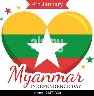 Celebrating Myanmar Independence Day on January 4th with Flags in Flat Cartoon Background Hand Drawn Templates Illustration Stock Vector