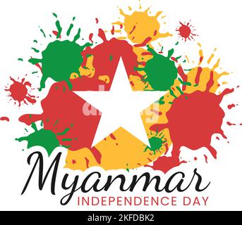 Celebrating Myanmar Independence Day on January 4th with Flags in Flat Cartoon Background Hand Drawn Templates Illustration Stock Vector