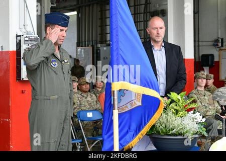 U.S. Air Force Col. Leslie Hauck, 52nd Fighter Wing commander, and Andreas Kruppert, Bitburg Prüm County commissioner and host-nation representative, pay their respects during a 9/11 Remembrance Ceremony Sept. 9, 2022, at Spangdahlem Air Base, Germany. The ceremony was put together to honor first responders at the Pentagon, in New York City, and around the country. Stock Photo