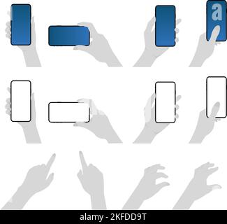 Illustration set of holding a mobile phone and touching the screen with a finger etc. Stock Vector