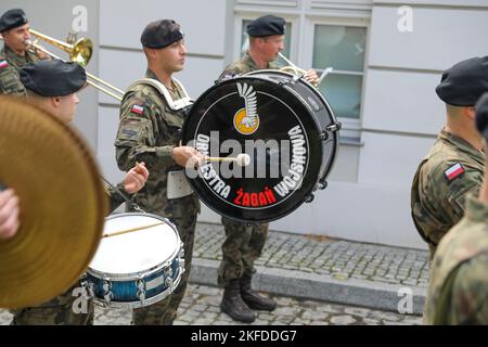 A Polish Land Forces band begins to play during a parade at Żagań, Poland, Sept. 9, 2022. The 3/4th ABCT is among other units assigned to the 1st Infantry Division, proudly working alongside NATO allies and regional security partners to provide combat-credible forces to V Corps, America’s forward-deployed corps in Europe. Stock Photo