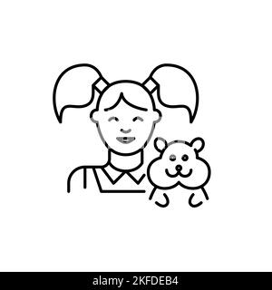 Happy young girl and her smiling hamster. Pixel perfect, editable stroke line design Stock Vector