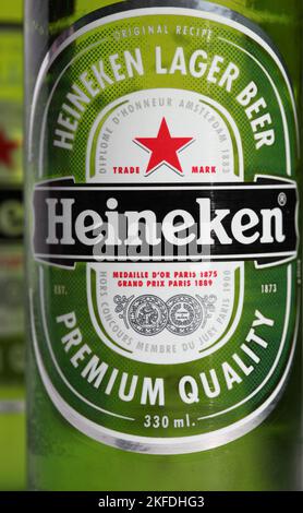 Closeup of Heineken beer bottle - Popular European beer Stock Photo