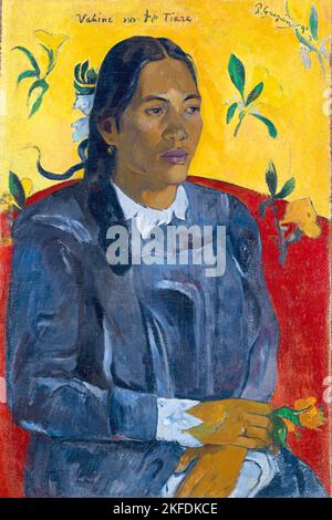 Tahiti: 'Vahine No Te Tiare' (Woman With A Flower). Oil on canvas painting by Paul Gauguin (7 June 1848 - 8 May 1903), 1891.  Paul Gauguin was born in Paris in 1848 and spent some of his childhood in Peru. He worked as a stockbroker with little success, and suffered from bouts of severe depression. He also painted. In 1891, Gauguin, frustrated by lack of recognition at home and financially destitute, sailed to the tropics to escape European civilization and 'everything that is artificial and conventional'. His time there was the subject of much interest in both then and in modern times. Stock Photo