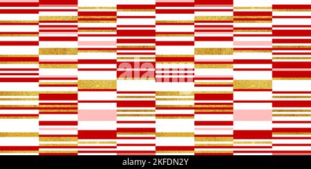 Christmas seamless pattern of red and white horizontal peppermint candy cane stripes with shiny gold leaf foil background. Beautiful xmas or winter ho Stock Photo