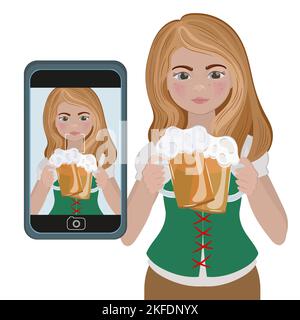 BEER FEST International Holiday Day Cartoon Girl Photo Smartphone Vector Illustration Set For Print Stock Vector