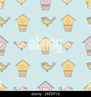 BIRD SPRING And Birdhouse In Yellow Color On Light Blue Background Cartoon Seamless Pattern Vector Illustration For Print Stock Vector