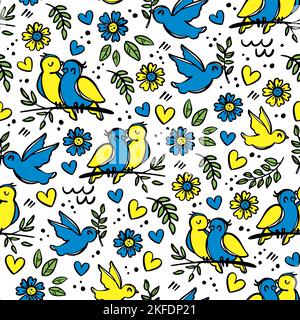 BIRD HOLIDAY Cute Yellow And Blue Nightingales Sitting On Branch Among Flowers Cartoon Abstract Natural Hand Drawn Seamless Pattern Vector Illustratio Stock Vector
