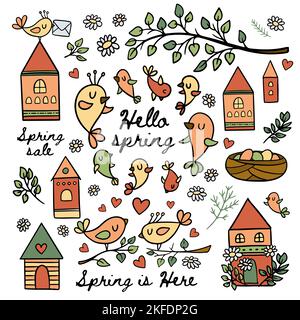 BIRDS IN SPRING Makes Their Nests Blooming Nature Branch With Leaves Merry Houses And Handwritten Text Cartoon Clip Art Vector Illustration Set For Pr Stock Vector