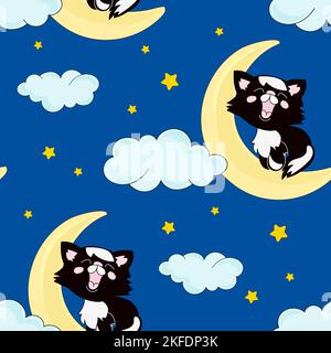 BLACK CAT Good Night Cartoon Vector Illustration Seamless Pattern For Print Stock Vector