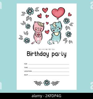 BIRTHDAY PARTY INVITE Confused Cat And Kitten With Balloon And Flowers Text Banner With Date And Time Cartoon Cute Kids Hand Drawn Sketch Vector For P Stock Vector
