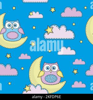BLUE OWL Sleeping Imitation Felt Cartoon Seamless Pattern Vector Illustration For Print Stock Vector