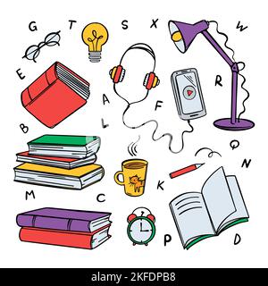 BOOKS AUDIOBOOKS Library Concept Bookstore Online Home Education Hand Drawn Objects Vector Collection Of Various School Supplies For Students On The I Stock Vector