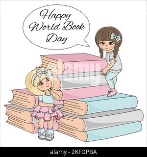 BOOK CHILD World Book Day Knowledge School Children Cartoon Vector Illustration Set For Print Stock Vector
