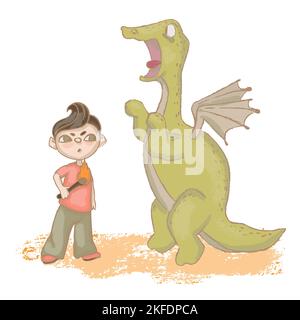 BOY DRAGON FIGHT Cartoon Fairy Tale Funny Emotional Dinosaur Animal Hand Drawn Vector Illustration For Print Stock Vector
