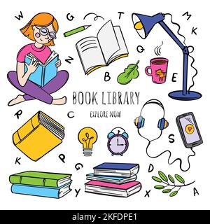 BOOK LIBRARY CONCEPT Bookstore Online Home Education Hand Drawn Banner Vector Collection Of Various School Supplies For Students Learning On The Inter Stock Vector