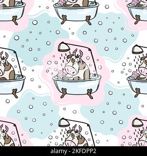 BULL TAKES BATH AND SHOWER Cow Monitors Hygiene New Year Merry Christmas Cartoon Holiday Cute Animal Hand Drawn Seamless Pattern Vector Illustration F Stock Vector