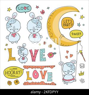 BUNNY LOVE Comic Cartoon Vector Illustration Set For Print Stock Vector