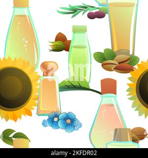 Natural oils items seamless pattern. Cartoon style. Extracted from nuts and plant seeds. Clean natural food. Product for healthy lifestyle and cooking Stock Vector